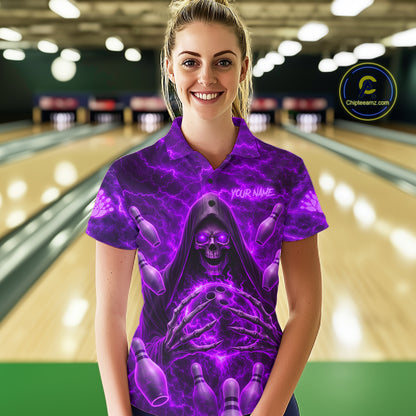 Female bowler wearing Purple Lightning Thunder Skull Reaper bowling jersey custom bowling league apparel personalized team uniform