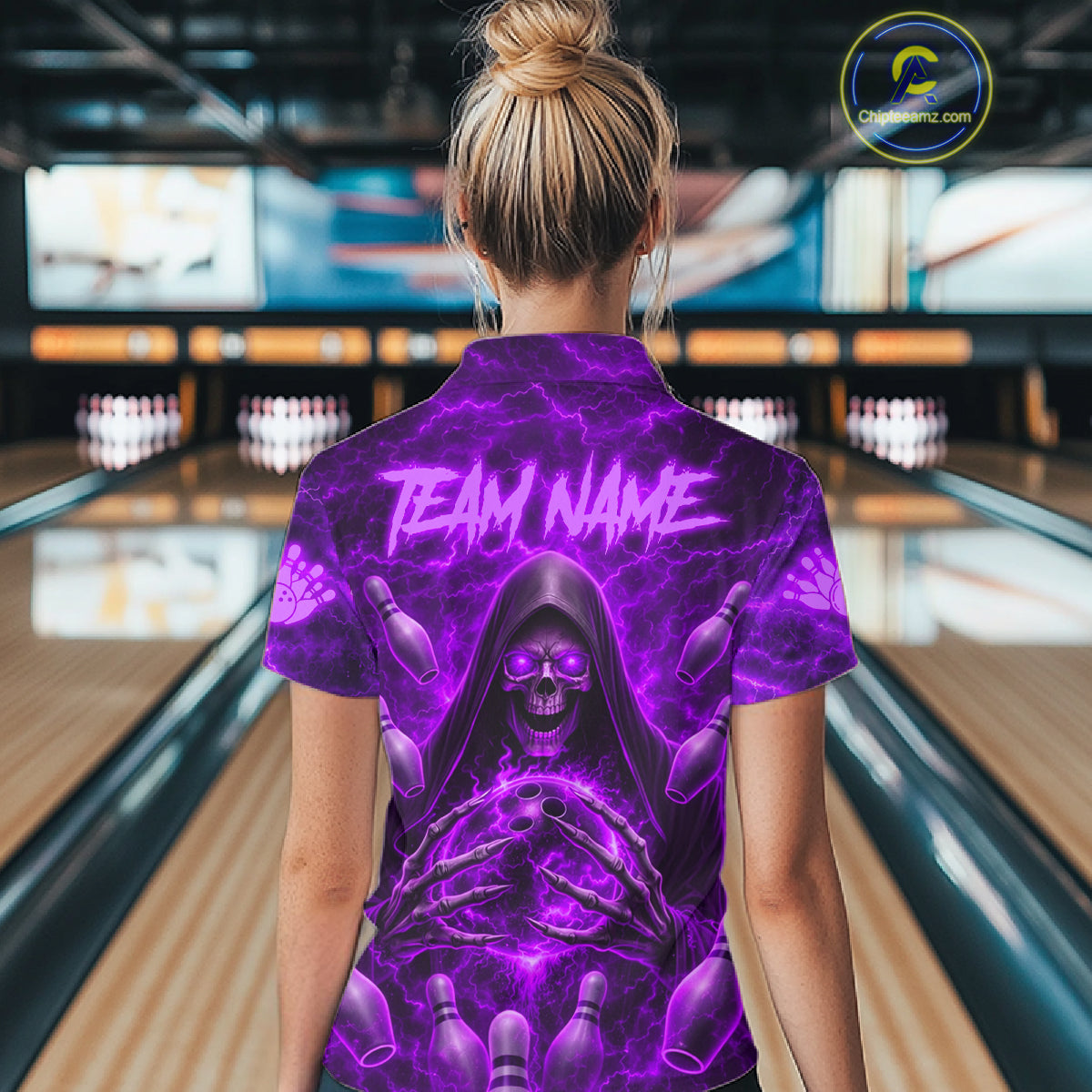 Female bowler wearing Purple Lightning Thunder Skull Reaper bowling jersey custom bowling league apparel personalized team uniform