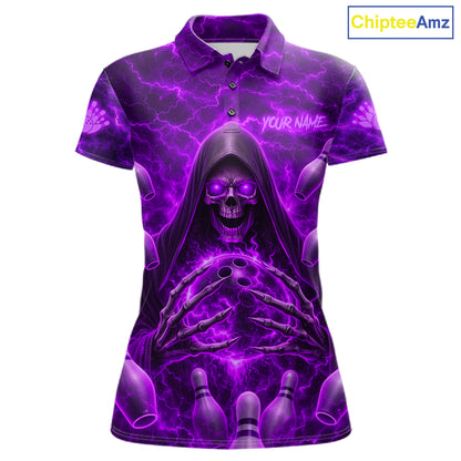 Lightning Thunder Skull Reaper Purple Bowling Polo Shirt For Women Custom Team Bowling League Jersey Personalized Skull Bowling Apparel