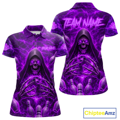 Lightning Thunder Skull Reaper Purple Bowling Polo Shirt For Women Custom Team Bowling League Jersey Personalized Skull Bowling Apparel