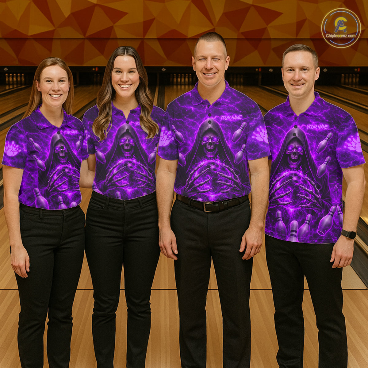 Men women bowling team wearing Purple Lightning Thunder Skull Reaper bowling jerseys matching bowling tournament uniforms