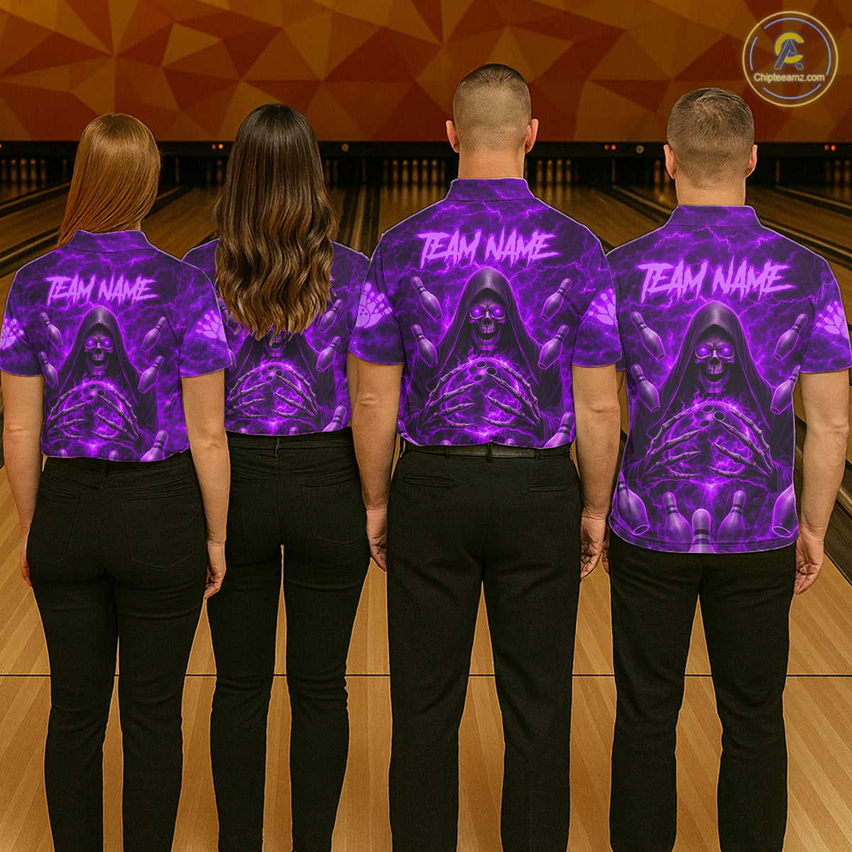 Men women bowling team wearing Purple Lightning Thunder Skull Reaper bowling jerseys matching bowling tournament uniforms