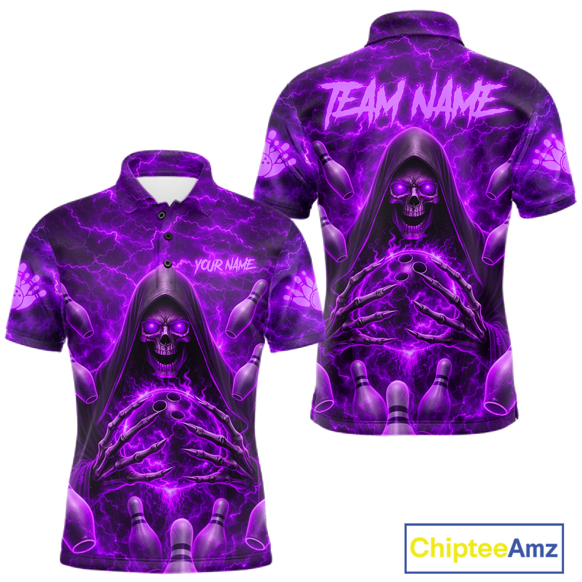 Lightning Thunder Skull Reaper Bowling Polo Shirt For Men Custom Team Bowling League Jersey Personalized Purple Skull Bowling Apparel