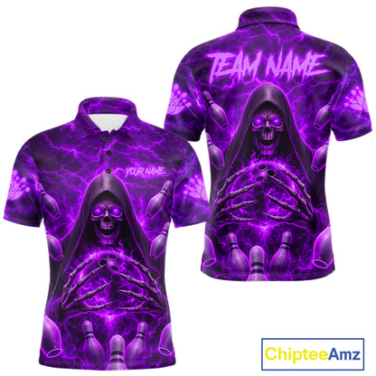 Lightning Thunder Skull Reaper Bowling Polo Shirt For Men Custom Team Bowling League Jersey Personalized Purple Skull Bowling Apparel