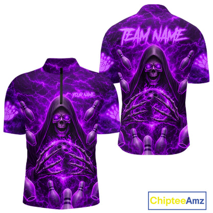Lightning Thunder Skull Reaper Bowling Quarter-Zip Shirt For Men Custom Purple Bowling Team Jersey Personalized League Uniform