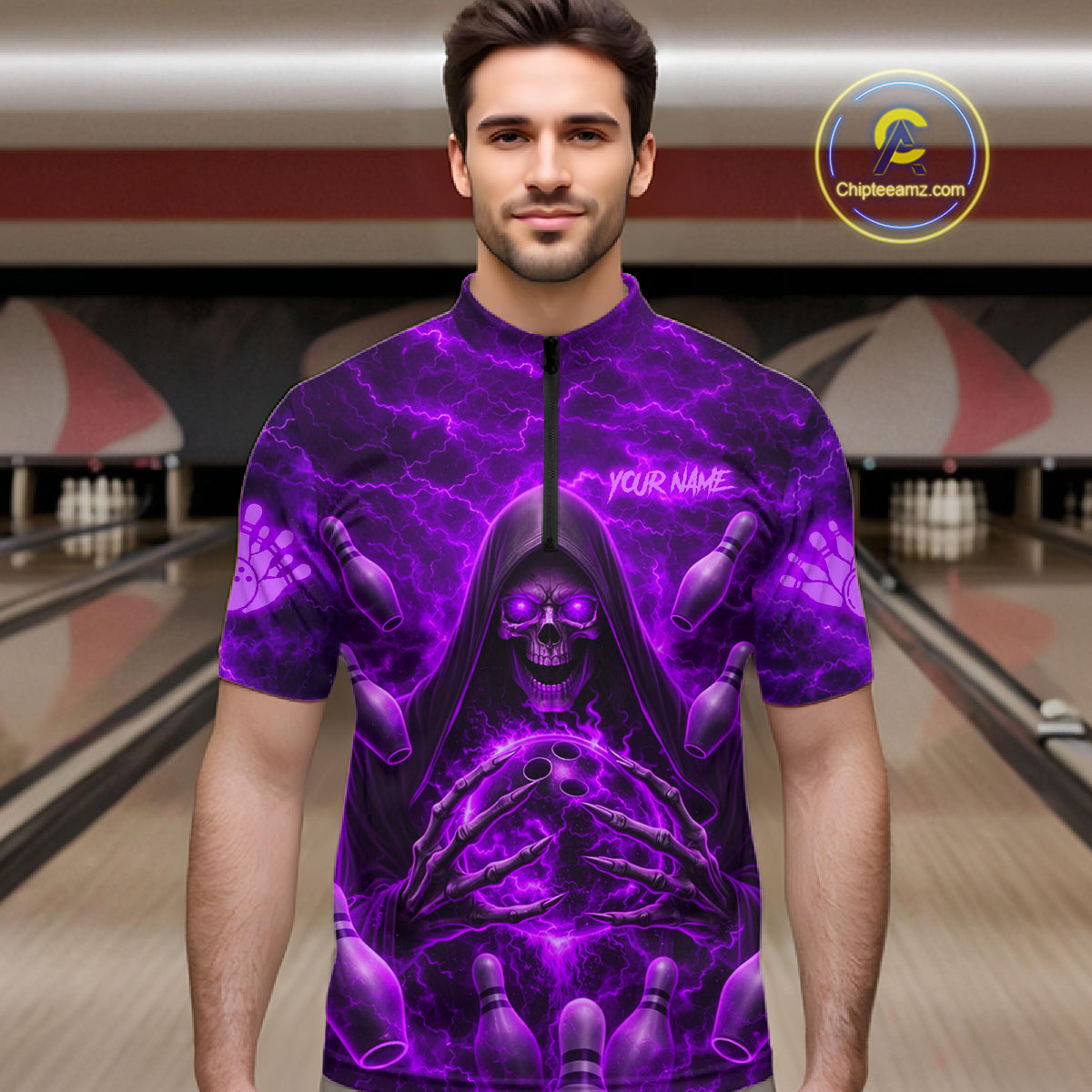 Male bowler wearing Purple Lightning Thunder Skull Reaper bowling jersey custom bowling league apparel