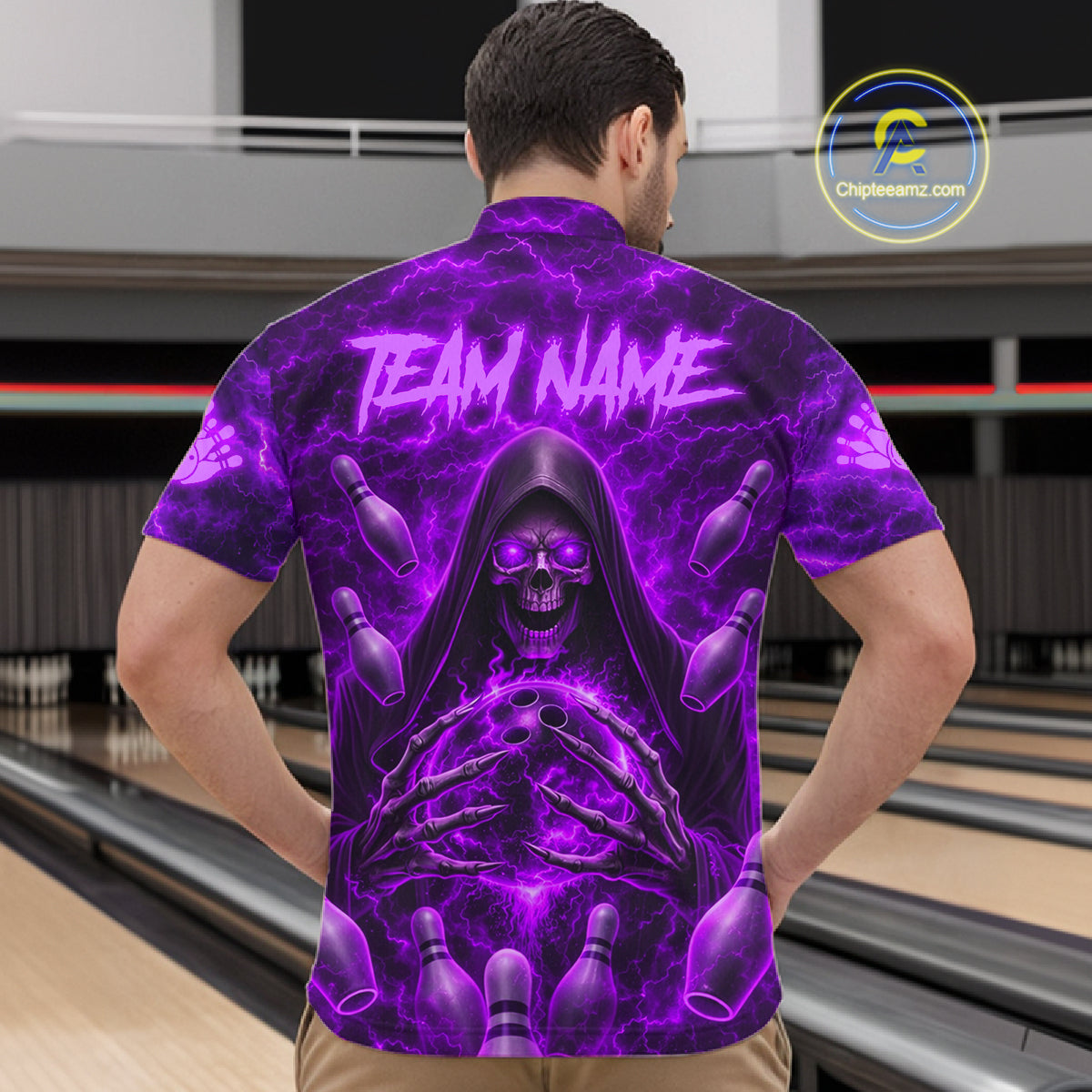 Male bowler wearing Purple Lightning Thunder Skull Reaper bowling jersey custom bowling league apparel