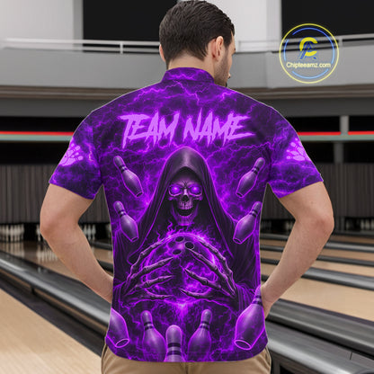Male bowler wearing Purple Lightning Thunder Skull Reaper bowling jersey custom bowling league apparel