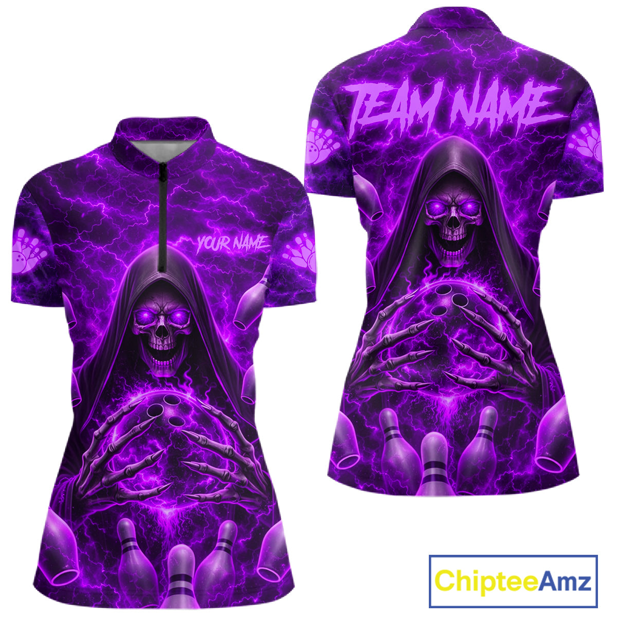 Lightning Thunder Skull Reaper Purple Bowling Quarter-Zip Shirt For Women Custom Bowling Team Jersey Personalized League Uniform