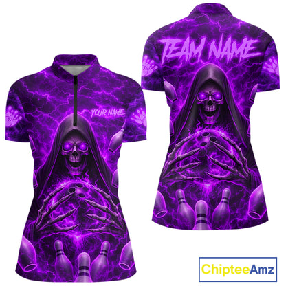 Lightning Thunder Skull Reaper Purple Bowling Quarter-Zip Shirt For Women Custom Bowling Team Jersey Personalized League Uniform
