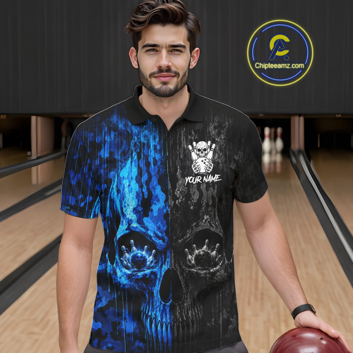 Male bowler wearing Blue And Black Camouflage Skull bowling jersey personalized bowling team uniform