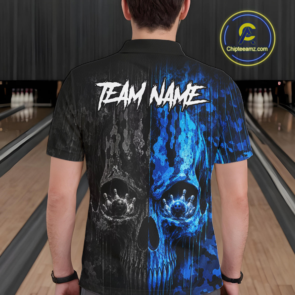 Male bowler wearing Blue And Black Camouflage Skull bowling jersey personalized bowling team uniform
