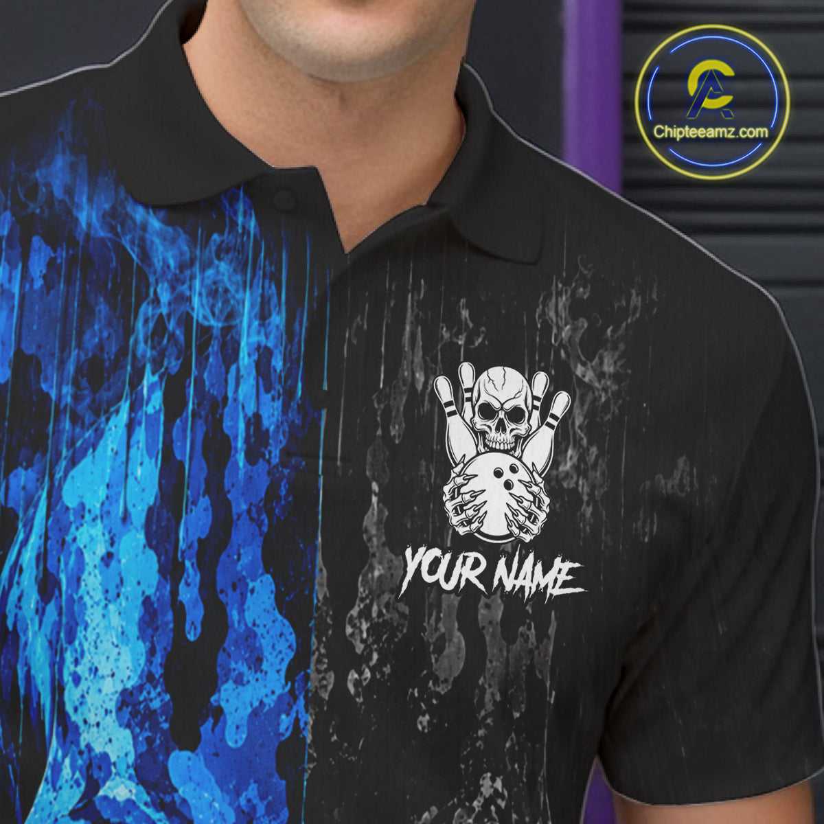 Male bowler wearing Blue And Black Camouflage Skull bowling jersey personalized bowling team uniform