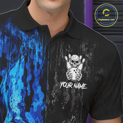 Male bowler wearing Blue And Black Camouflage Skull bowling jersey personalized bowling team uniform
