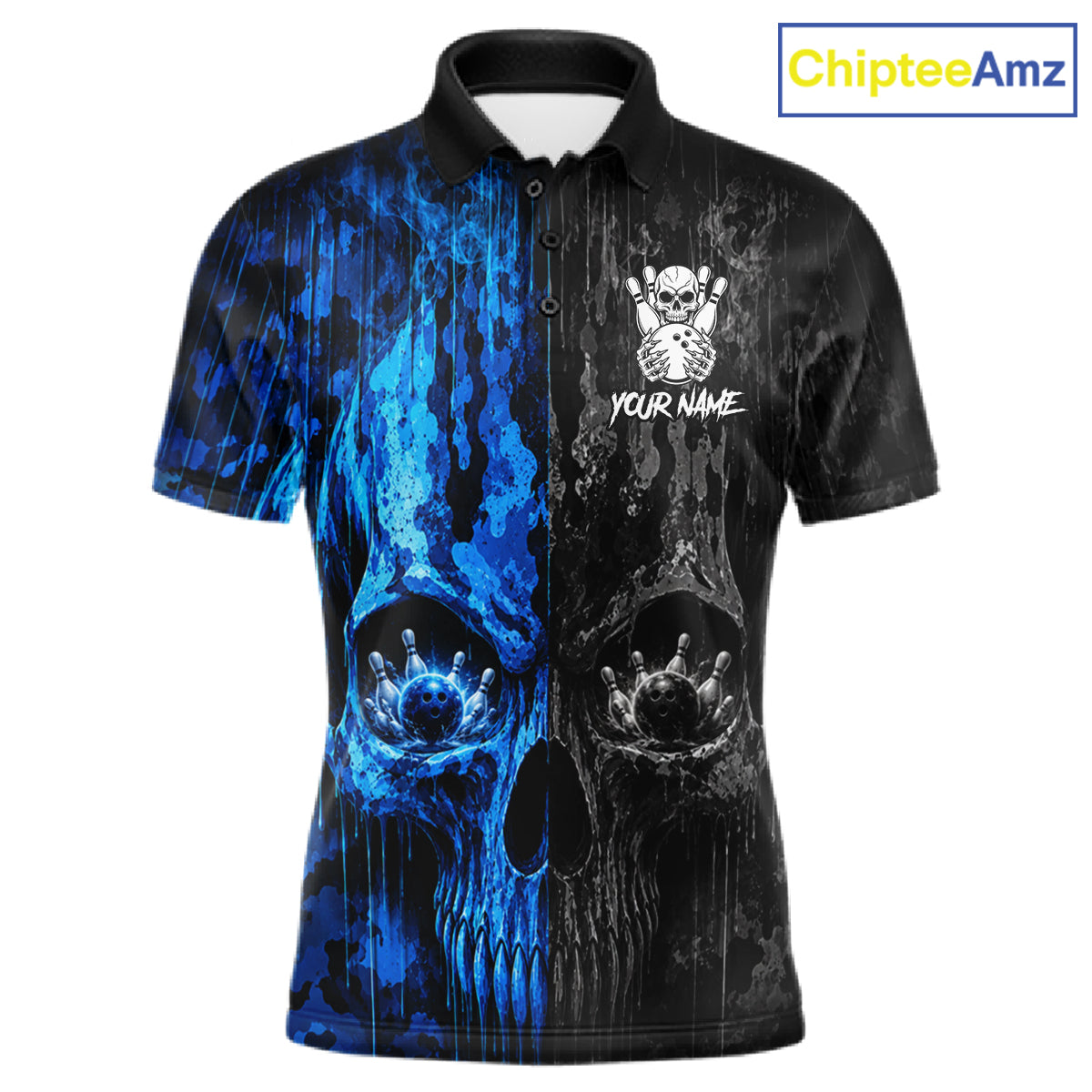 Blue And Black Camouflage Skull Bowling Polo Shirt For Men Custom Bowling Team Jersey Personalized League Bowler Apparel