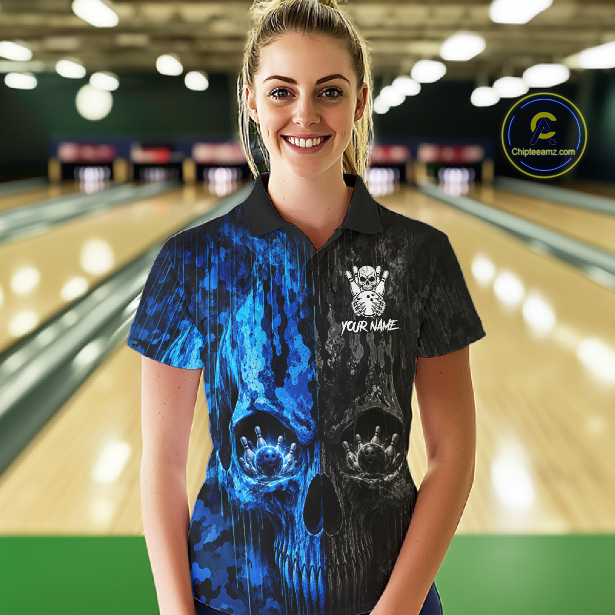 Female bowler wearing Blue And Black Camouflage Skull bowling jersey personalized bowling team uniform