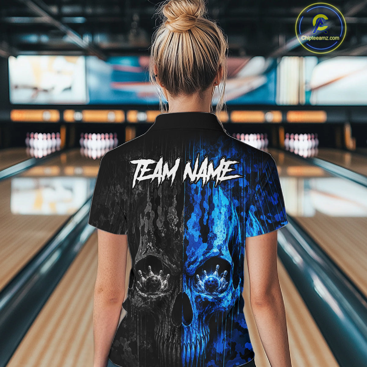 Female bowler wearing Blue And Black Camouflage Skull bowling jersey personalized bowling team uniform