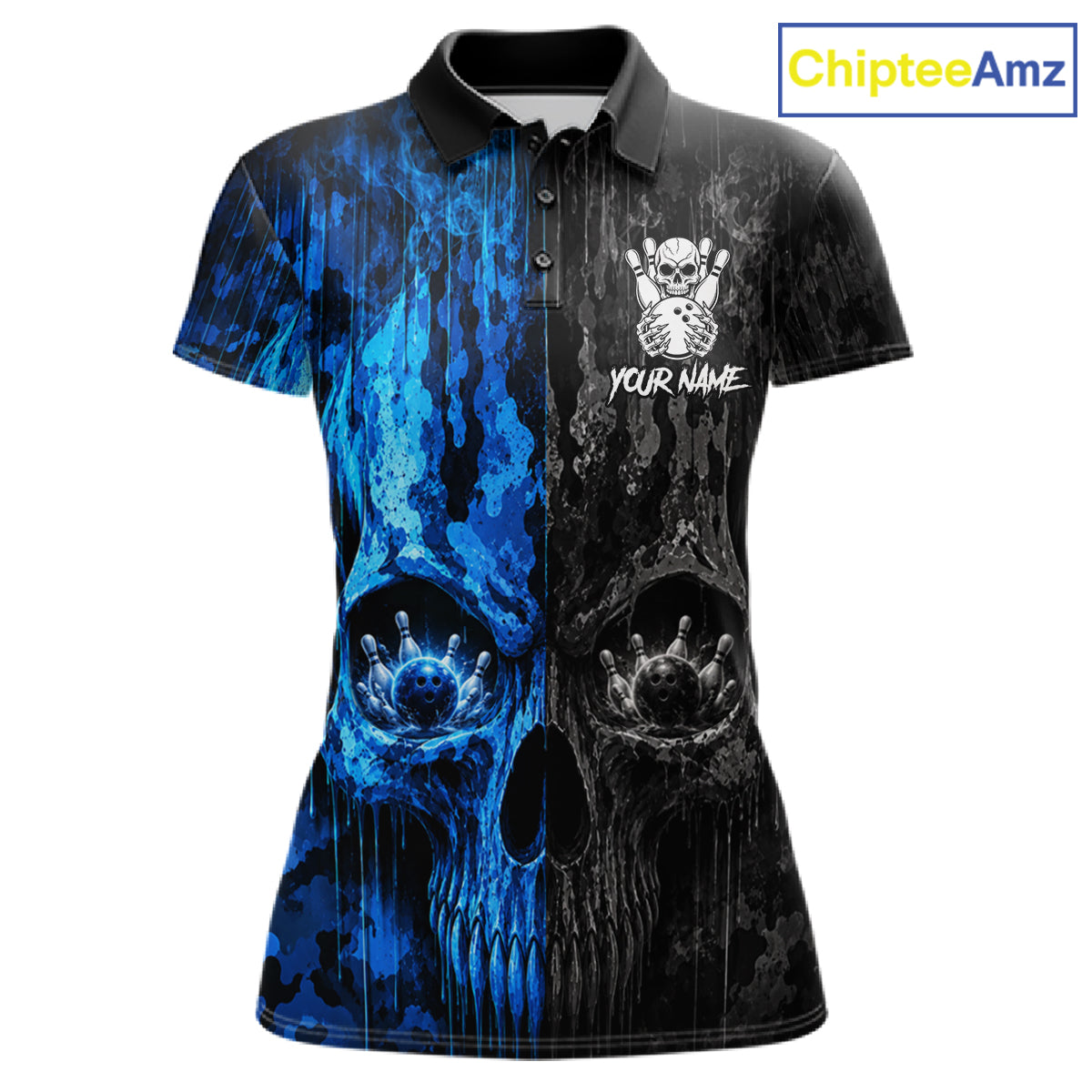 Blue And Black Camouflage Skull Bowling Polo Shirt For Women Custom Bowling Team Jersey Personalized League Bowler Apparel