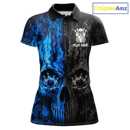 Blue And Black Camouflage Skull Bowling Polo Shirt For Women Custom Bowling Team Jersey Personalized League Bowler Apparel