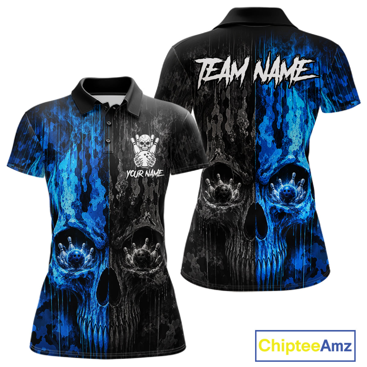 Blue And Black Camouflage Skull Bowling Polo Shirt For Women Custom Bowling Team Jersey Personalized League Bowler Apparel