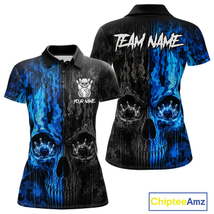Blue And Black Camouflage Skull Bowling Polo Shirt For Women Custom Bowling Team Jersey Personalized League Bowler Apparel