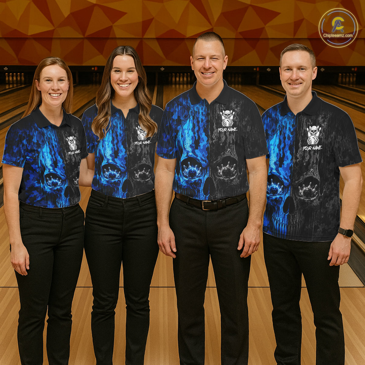 Men women bowling team wearing Blue And Black Camouflage Skull bowling jerseys matching league uniforms