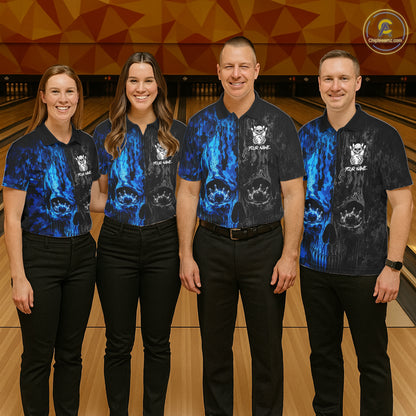 Men women bowling team wearing Blue And Black Camouflage Skull bowling jerseys matching league uniforms