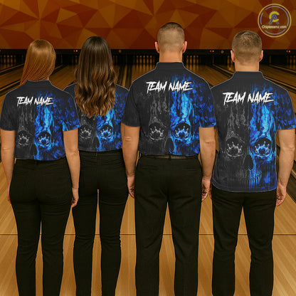 Men women bowling team wearing Blue And Black Camouflage Skull bowling jerseys matching league uniforms