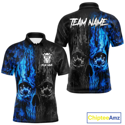 Blue And Black Camouflage Skull Bowling Polo Shirt For Men Custom Bowling Team Jersey Personalized League Bowler Apparel