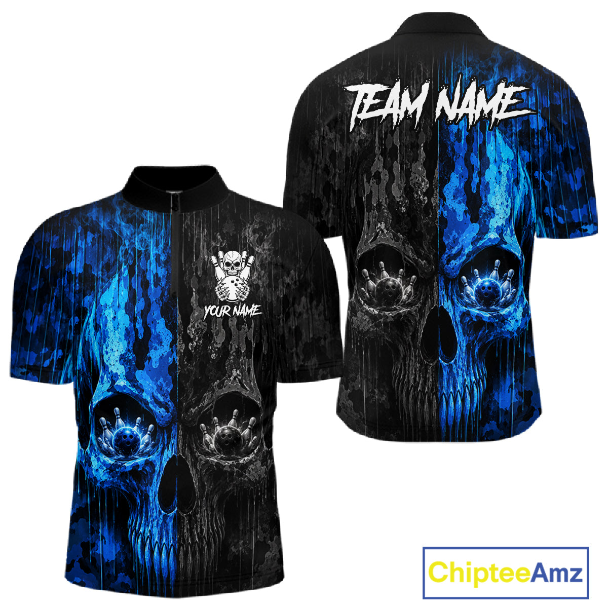 Blue And Black Camouflage Skull Bowling Quarter-Zip Shirt For Men Custom Bowling League Team Jersey