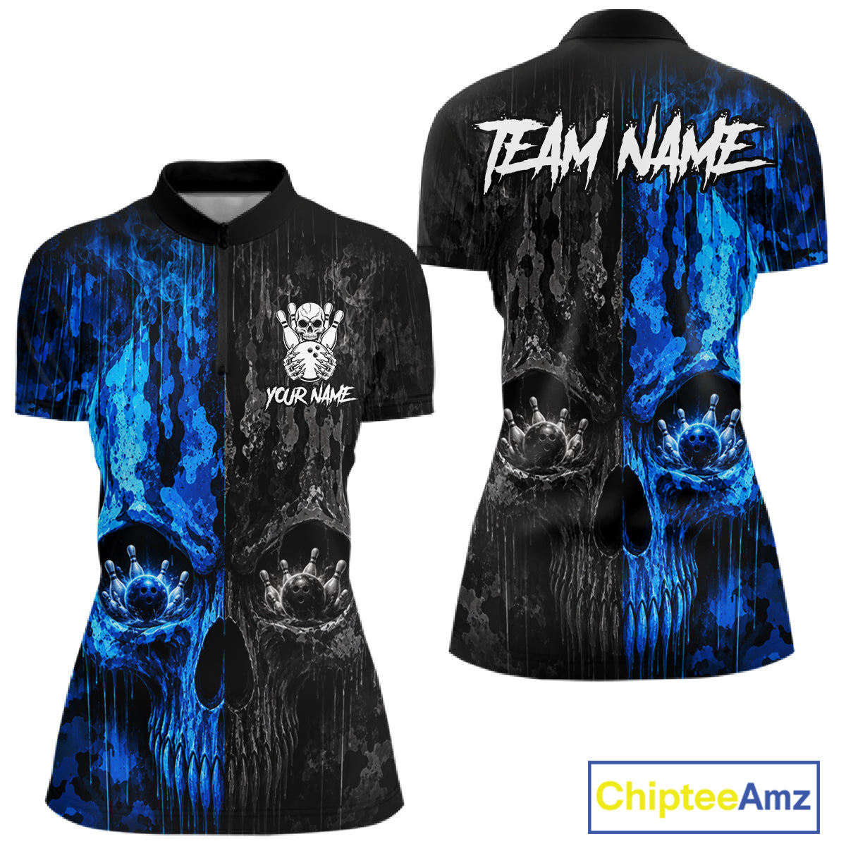 Blue And Black Camouflage Skull Bowling Quarter-Zip Shirt For Women Custom Bowling League Team Jersey
