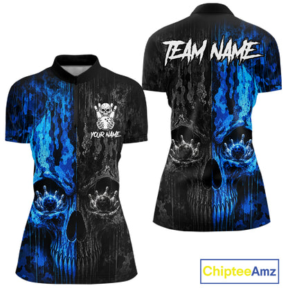 Blue And Black Camouflage Skull Bowling Quarter-Zip Shirt For Women Custom Bowling League Team Jersey
