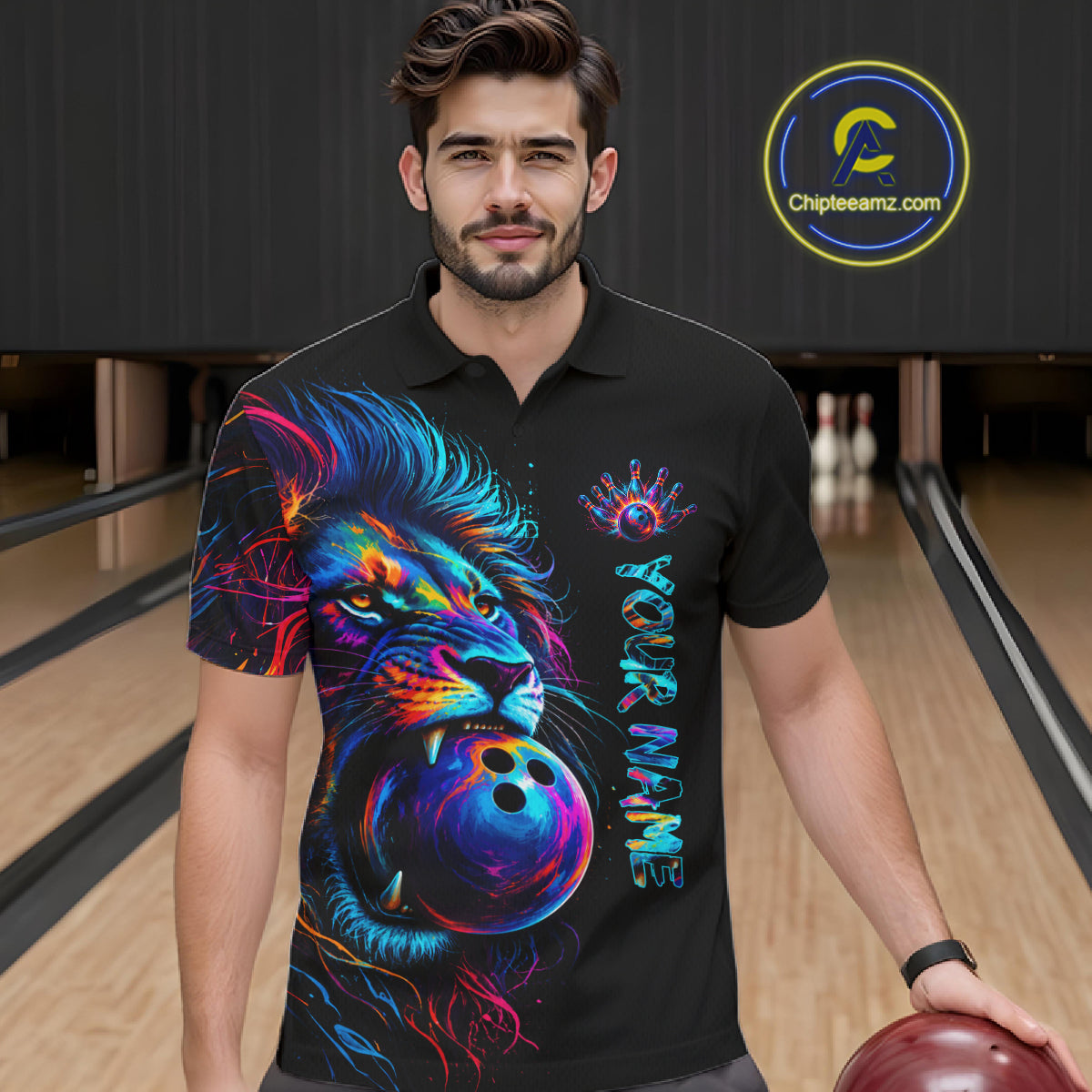 Male bowler wearing Funny Lion Colorful Splatter bowling jersey custom team bowling apparel