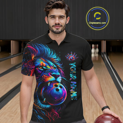 Male bowler wearing Funny Lion Colorful Splatter bowling jersey custom team bowling apparel