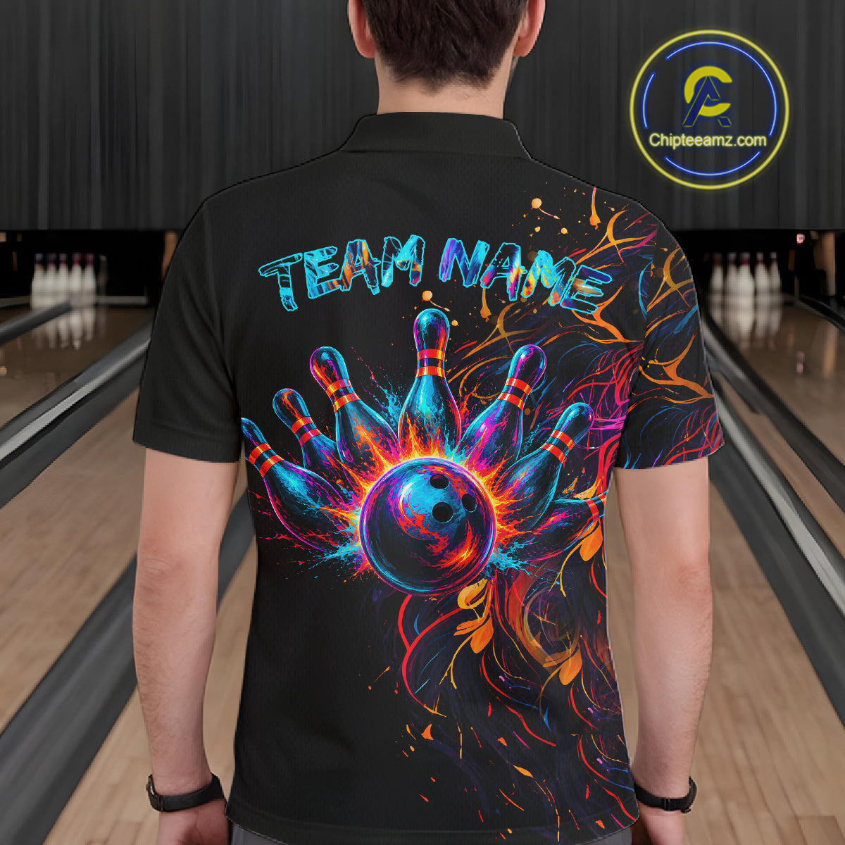 Male bowler wearing Funny Lion Colorful Splatter bowling jersey custom team bowling apparel