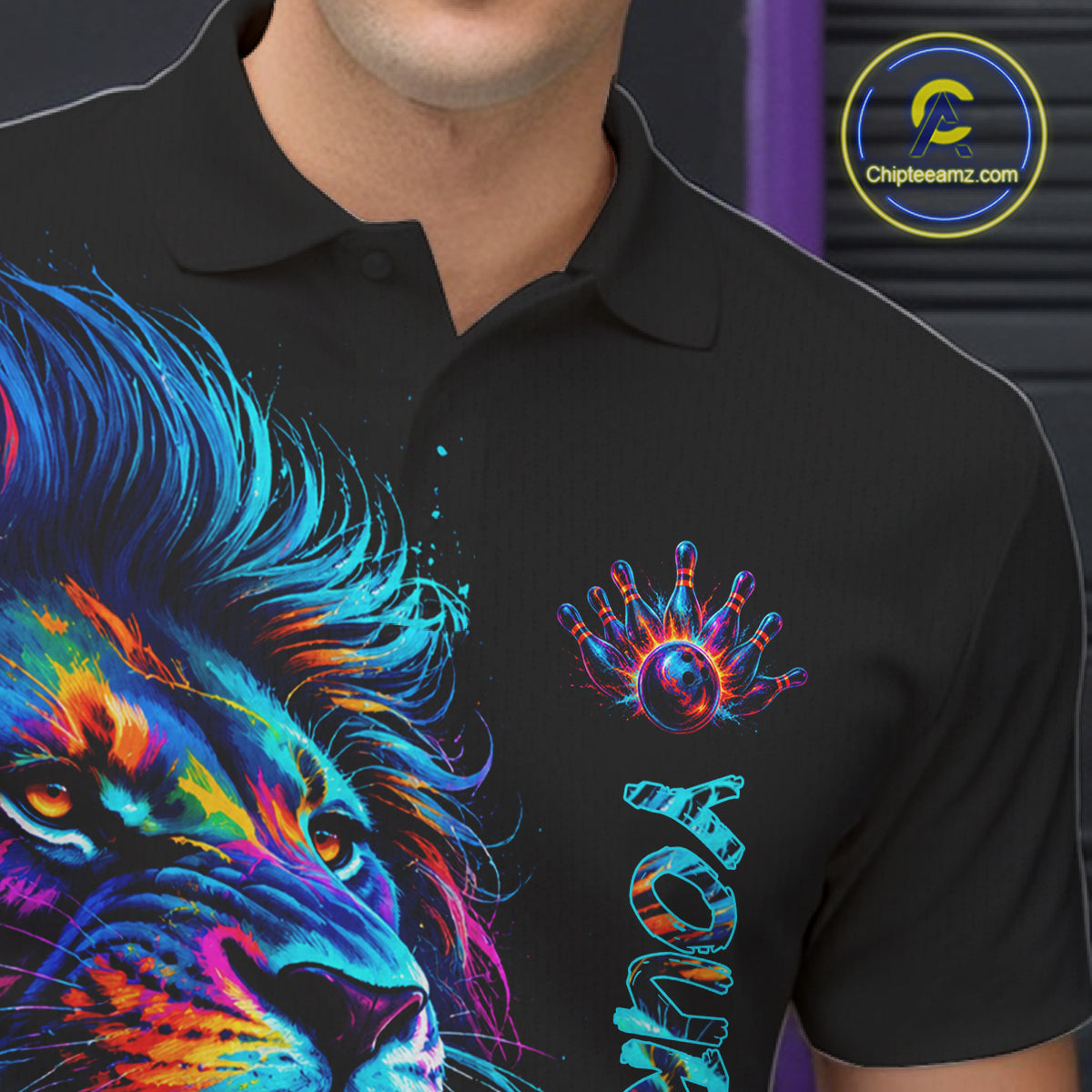 Male bowler wearing Funny Lion Colorful Splatter bowling jersey custom team bowling apparel