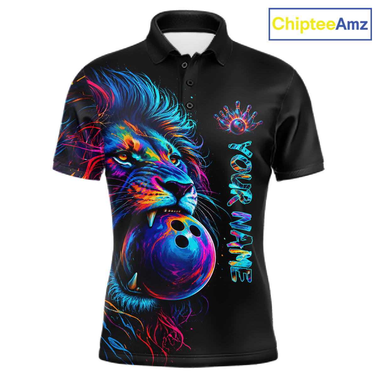 Funny Lion Colorful Splatter Bowling Polo Shirt For Men Custom Bowling Team Jersey Personalized League Bowler Apparel