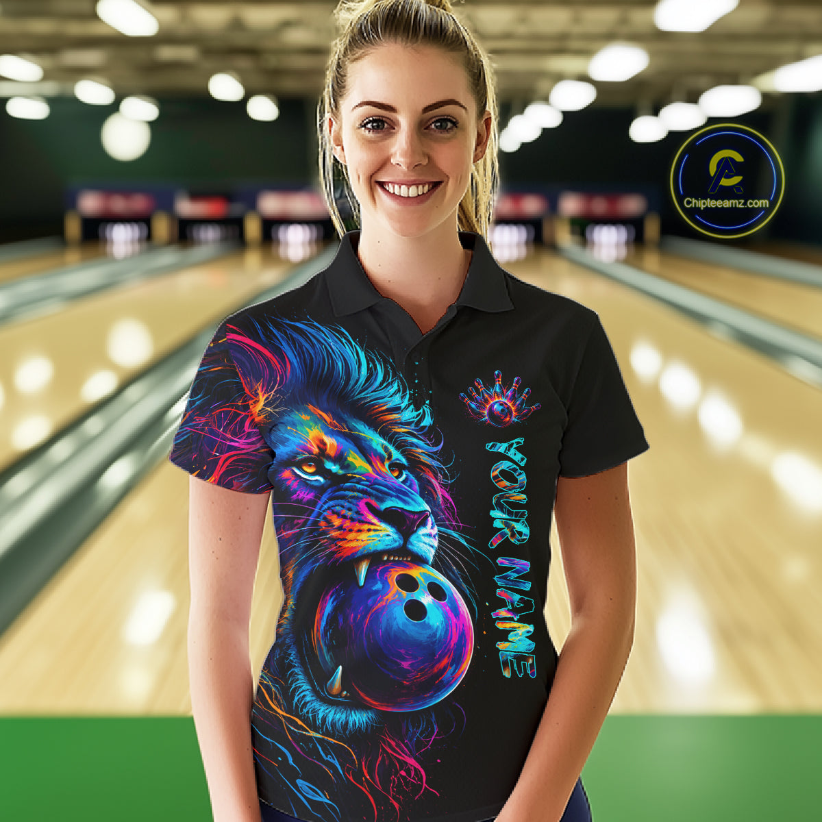 Female bowler wearing Funny Lion Colorful Splatter bowling jersey custom team bowling apparel
