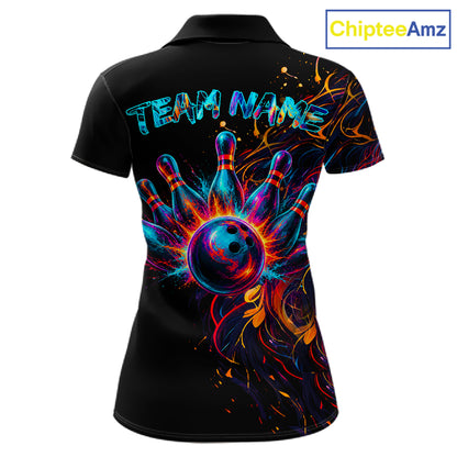 Funny Lion Colorful Splatter Bowling Polo Shirt For Women Custom Bowling Team Jersey Personalized League Bowler Apparel