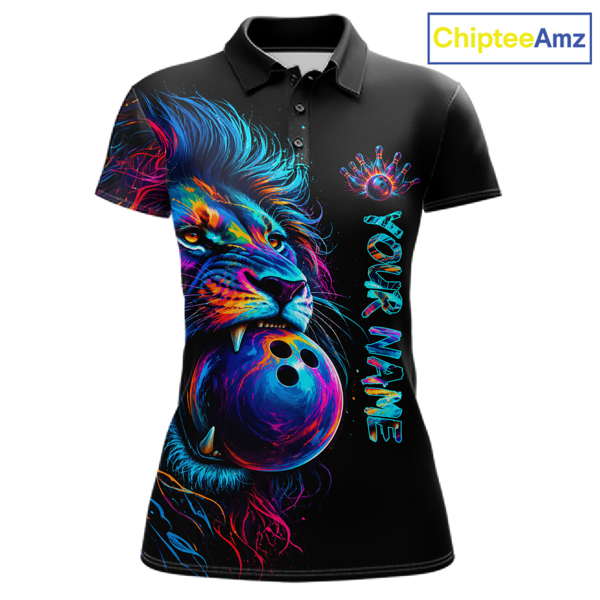 Funny Lion Colorful Splatter Bowling Polo Shirt For Women Custom Bowling Team Jersey Personalized League Bowler Apparel