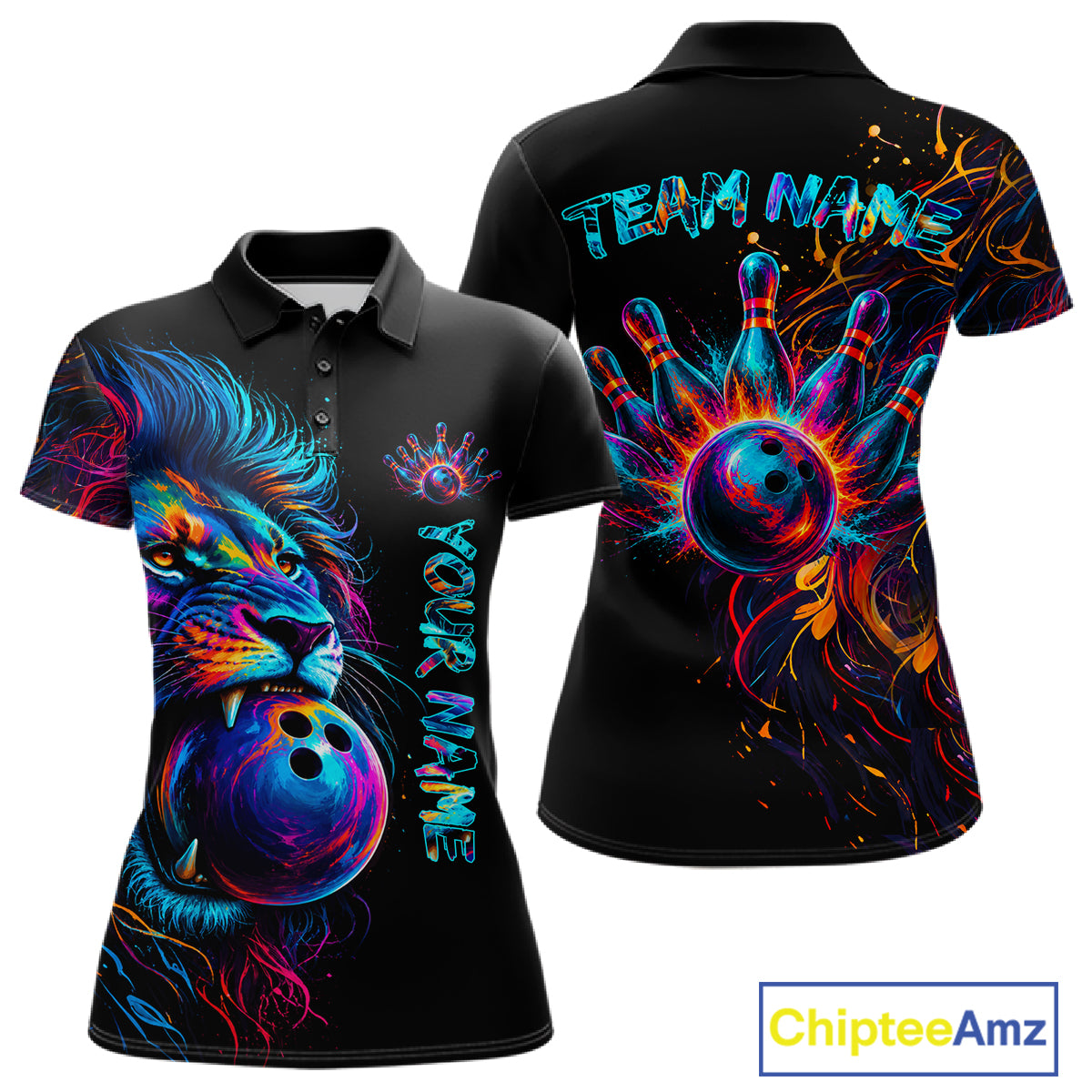 Funny Lion Colorful Splatter Bowling Polo Shirt For Women Custom Bowling Team Jersey Personalized League Bowler Apparel