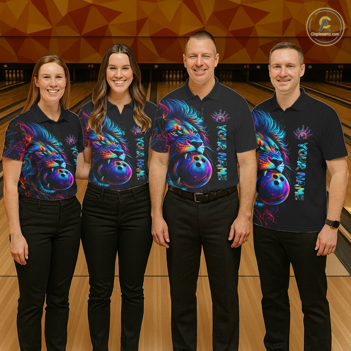 Men women  bowling team wearing Funny Lion Colorful Splatter bowling jerseys matching bowling league uniforms