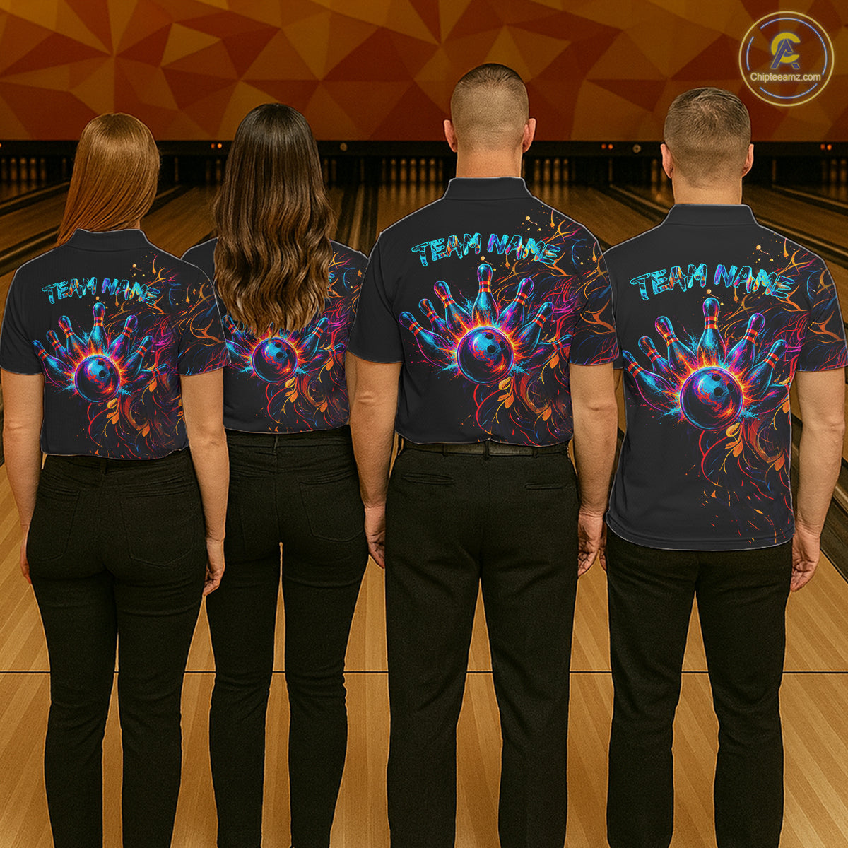 Men women bowling team wearing Funny Lion Colorful Splatter bowling jerseys matching bowling league uniforms