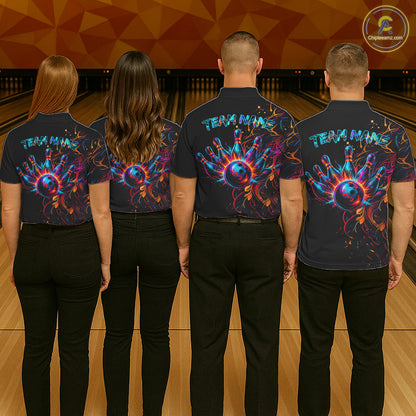 Men women bowling team wearing Funny Lion Colorful Splatter bowling jerseys matching bowling league uniforms