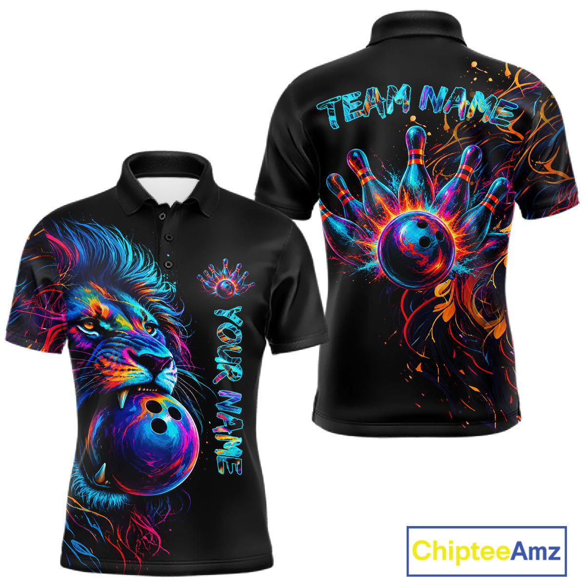 Funny Lion Colorful Splatter Bowling Polo Shirt For Men Custom Bowling Team Jersey Personalized League Bowler Apparel