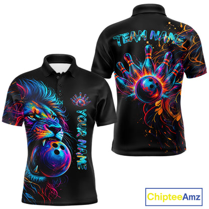 Funny Lion Colorful Splatter Bowling Polo Shirt For Men Custom Bowling Team Jersey Personalized League Bowler Apparel