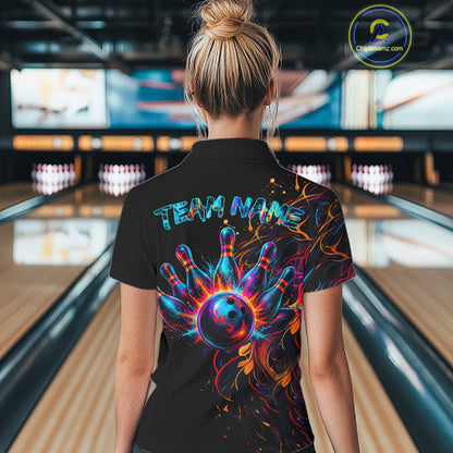 Female bowler wearing Funny Lion Colorful Splatter bowling jersey custom team bowling apparel