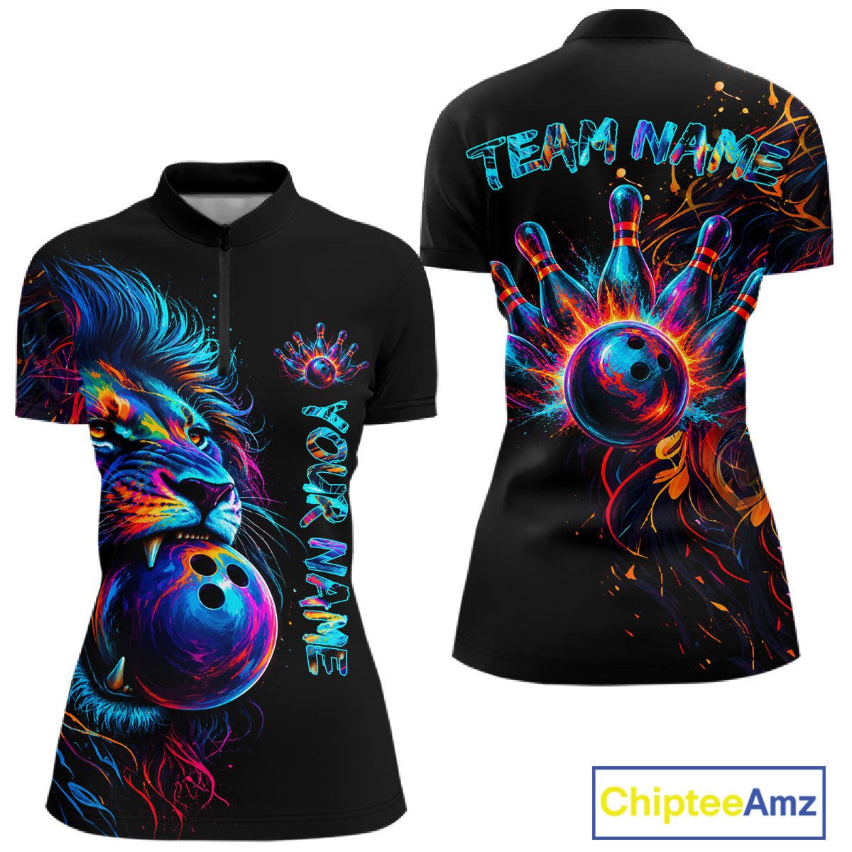 Funny Lion Colorful Splatter Bowling Quarter-Zip Shirt For Women Custom Bowling League Team Jersey