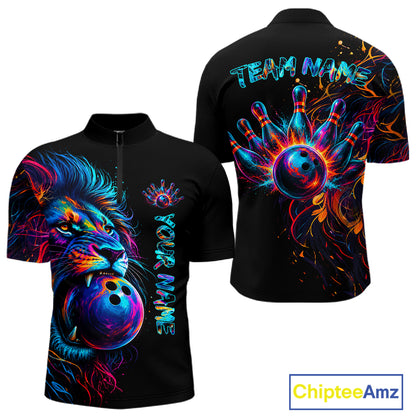 Funny Lion Colorful Splatter Bowling Quarter-Zip Shirt For Men Custom Bowling League Team Jersey