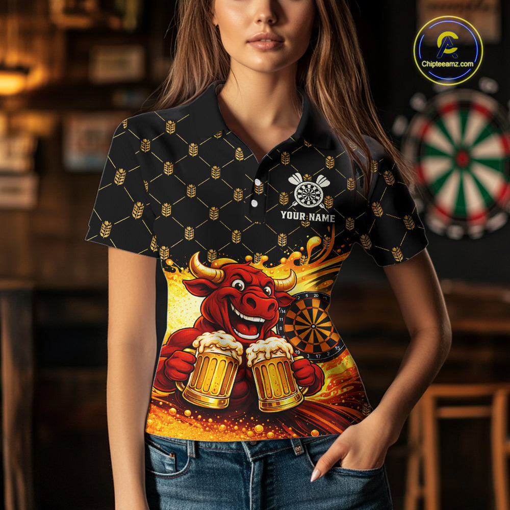 Bull & Cheer Beers Dartboard Custom Funny Darts Polo Shirts Women Dart Team Jerseys | Black NYN2272